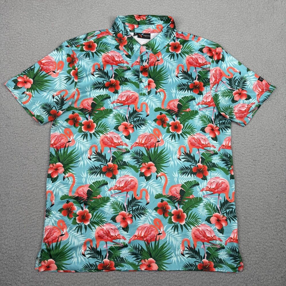 Yatta Golf Polo Shirt Mens Medium Blue Flamingo Tropical Performance Stretch
